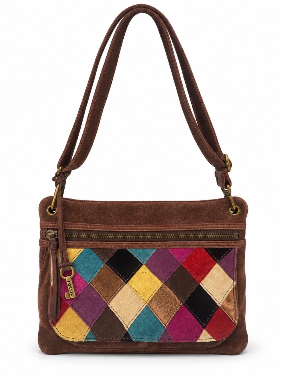 Fossil Brown Suede Multicolor Patchwork Crossbody Shoulder Bag Boho Y2K